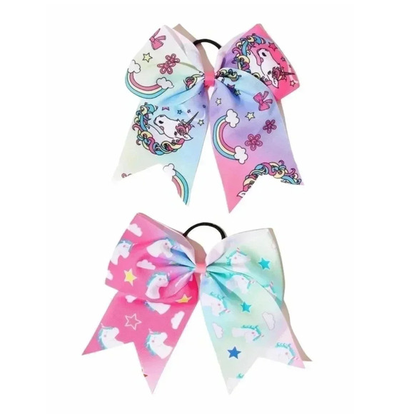 NEW! Girl’s Oversized Unicorn Print Elastic Hair Bow Set - Picture 1 of 9
